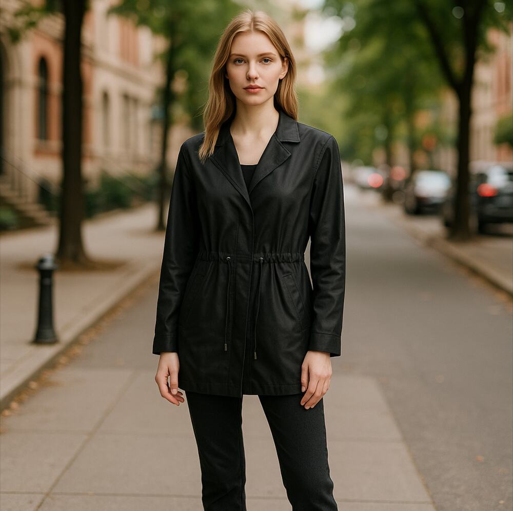 Travelsmith Black Leather Tie Waist Jacket